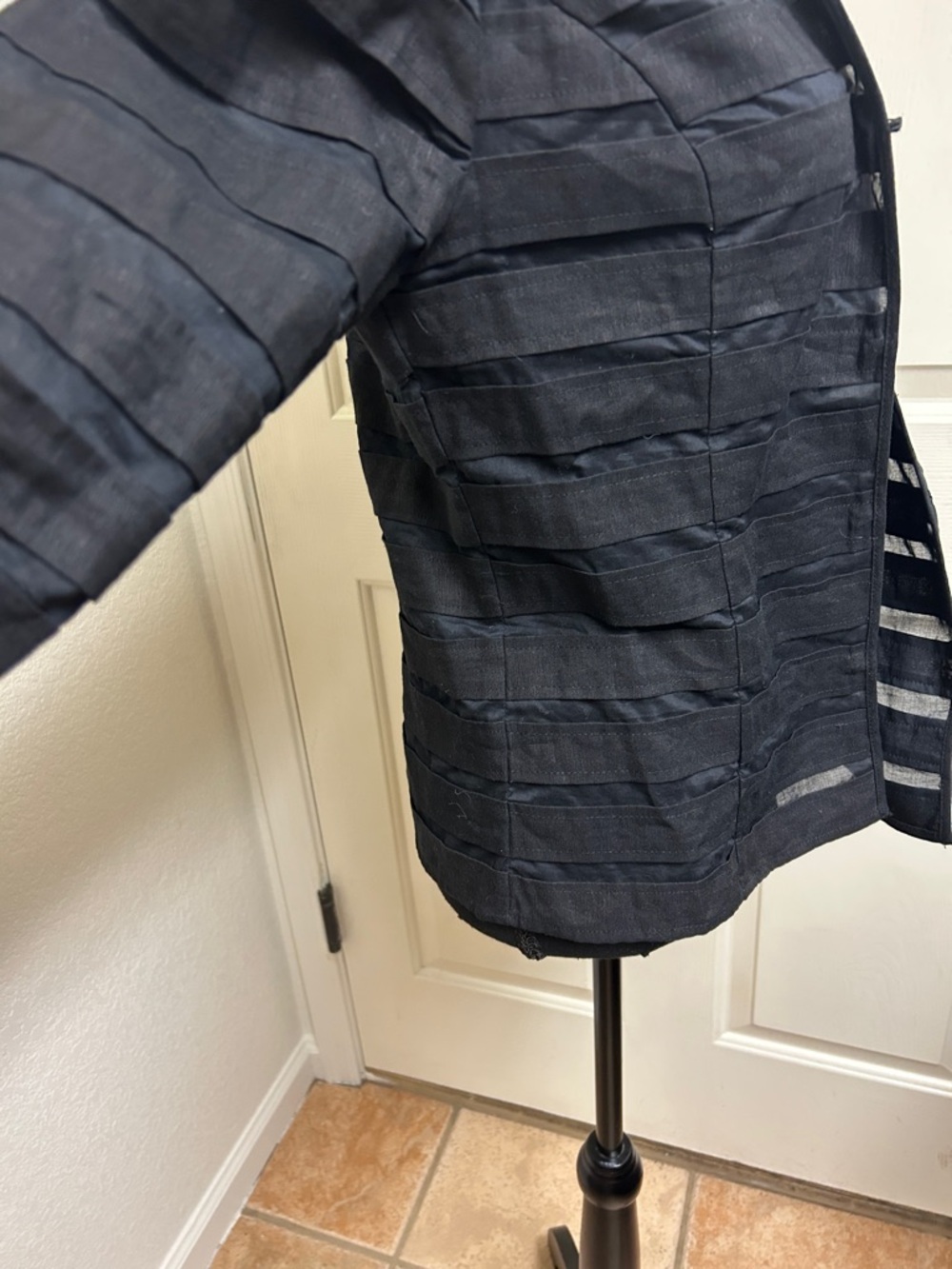 Chico's black jacket featuring striped textured fabric with sheer panels, Size 0 - Picture 6 of 9